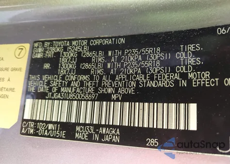 2005 Lexus Rx 330 z USA, uszkodzony, nr VIN JTJGA31U850058697